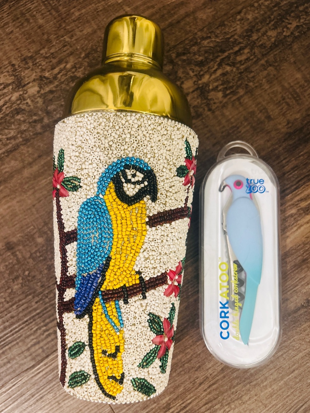 Beaded Parrot Cocktail Shaker Gold & Multicolor Bar Shaker & Corkatoo Opener